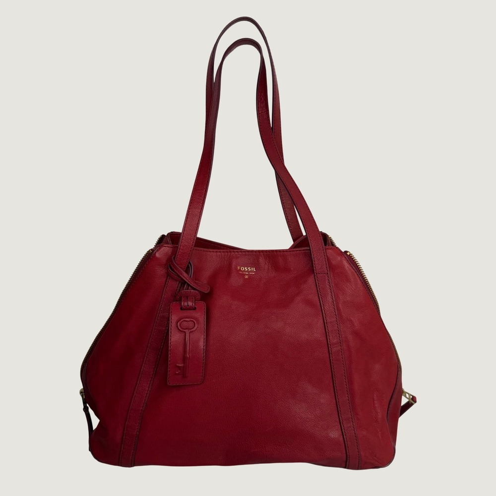 Fossil Gwen Expandable Shopper Tote Hobo Bag Red Pebbled Leather Expandable